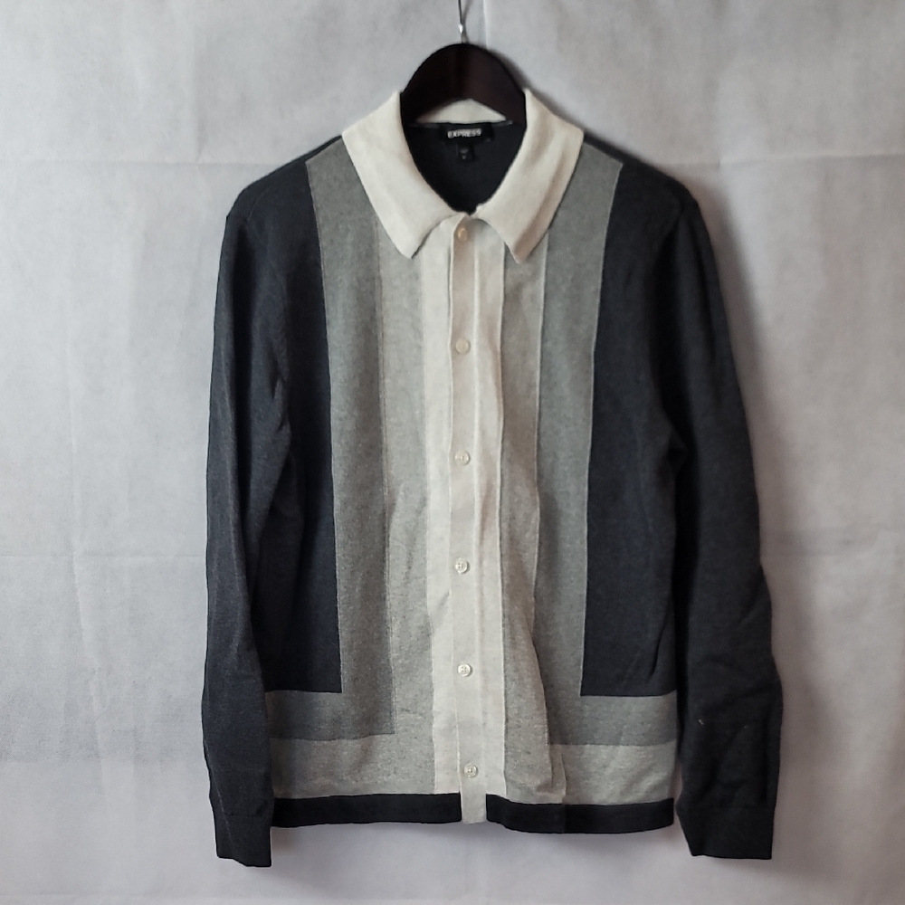 Express Black and Gray Men's Button Down Polo Sweater